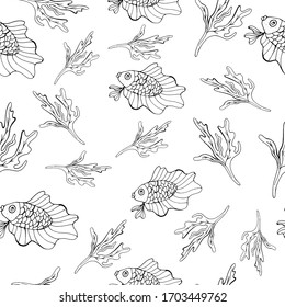 Seamless pattern with fish and algae. Vector illustration with seaweed and fish. Printing on paper, Wallpaper, and fabrics. Seamless pattern for summer design. Underwater world of wild nature. 