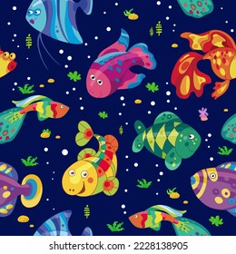 Seamless pattern with fish and algae. Vector backdrop. Use for wallpaper, pattern fills, web page background.