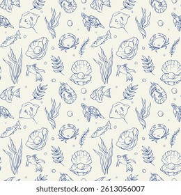Seamless pattern with fish and algae. Vector hand drawn illustration