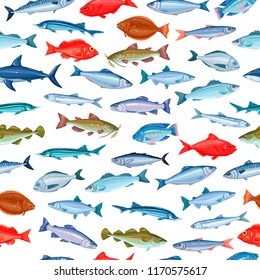 Seamless pattern fish. Background seafood with salmon, anchovy, codfish, sea bass, ocean perch and sardine. Vector backdrop cartoon mackerel, herring, dorado, tuna, halibut tilapia and trout