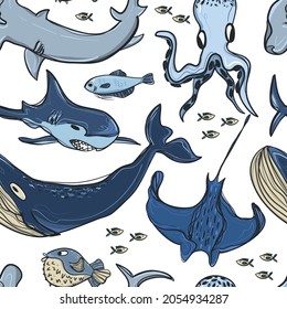 Nahtloses Muster mit Fischen. Hintergrund für Textilien, Gewebe, Kinder, Schreibwaren, Socken und andere Designs.