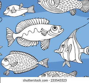 Seamless Pattern Fish Black & White & Blue