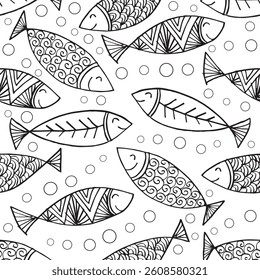 Seamless pattern with fish. Black and white vector background.
