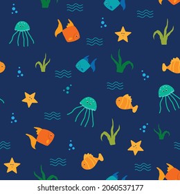 seamless pattern with fish in blue backdrop