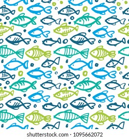 A seamless pattern with fish in blue and green tones. Hand drawn
