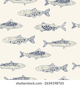 Patrón sin fisuras con línea azul de pescado, fondo blanco. Ilustración vectorial.