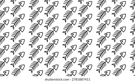 Seamless pattern of fish bone. Black and white flat illustration. Seamless pattern of fish bones skeleton. Fish bone motif silhouette vector illustration on a white background