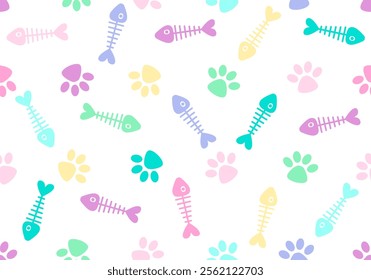Seamless pattern with fish bone, cat paw. Vector fish salmon repeat scarf isolated cartoon illustration tile background. Cute texture