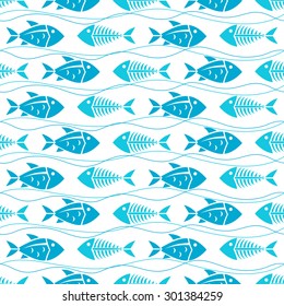 Seamless pattern with fish, fish bone and sea wave icons