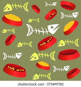 Seamless pattern with fish bones and bowl with food and without.