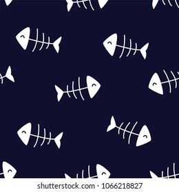 Seamless pattern with fish bones on dark background. Ornament for textile and wrapping. Vector.