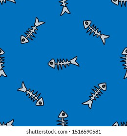 Seamless pattern of fish bones on blue background