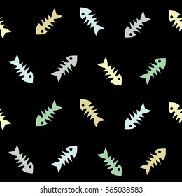 Seamless pattern with fish bones on the black background