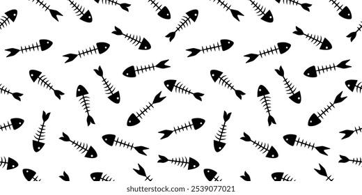 Padrão sem emenda de esqueleto de ossos de peixe. Peixe osso motivo silhueta vetor ilustração em um fundo branco