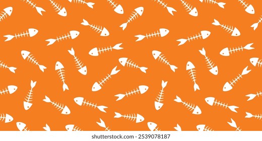 Seamless pattern of fish bones skeleton. Fish bone motif silhouette vector illustration on a orange background