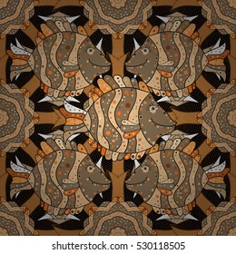 a seamless pattern with fish. Brown. Beige. Black. Vector.