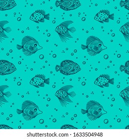 Seamless pattern with fish with bubbles on mint background. Cute Sea outline pattern with fish. For textile, wrapping, scrapbooking. Design use for aquarium shops, seaquarium, fish market and shop.