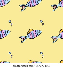 Seamless pattern with fish and bubbles. Vector illustration for print, textile, childrens clothing, wrapping paper, menu, for kids.