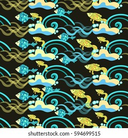 seamless pattern fish cartoon  blue gold on black  .Vector illustration