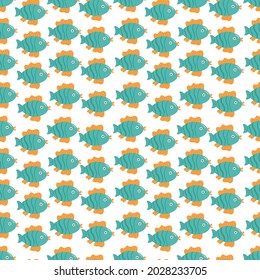 Seamless pattern of fish in cartoon childish style on white background. Vector illustration of marine background.
