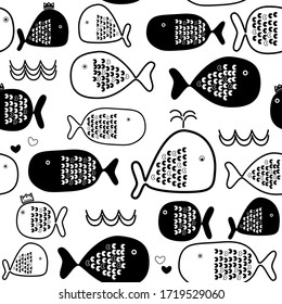 Seamless pattern with fish cartoon on white background, vector illustration design for gift wrapping paper, fabric printing or wallpaper decoration