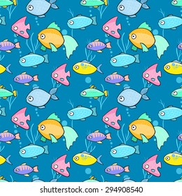 Seamless pattern with fish in cartoon style. Vector illustration.