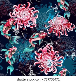 Seamless pattern with fish and chrysanthemums. Colorfull illustration of the underwater world for printing on fabric.
