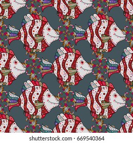 Seamless pattern with fish. Cloth design, wallpaper. Sea fish on colored background. Vector illustration. Print. Repeating background.