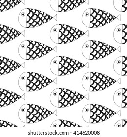 Seamless pattern with fish. Color illustration in doodle style.