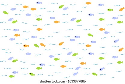 Seamless pattern with fish. Colorful fish swim in flocks in the river. Use for background or printing on fabric. Vector cartoon Illustration.