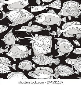 Seamless Pattern Fish Composition Black & White