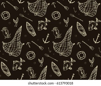 seamless pattern with fish contours and one inverse colored fish	