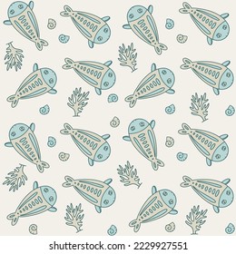 Seamless pattern with fish and coral. Doodle style