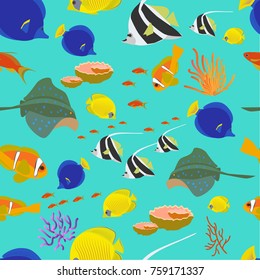 Seamless pattern with fish, corals and ramp