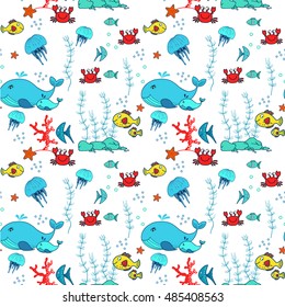 Seamless pattern with fish, crab and whale. Hand drawn pattern for packaging paper, letter set, book cover.