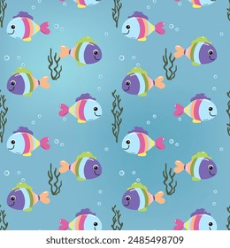 Seamless pattern with fish. Cute marine animals. Colorful background with underwater characters.