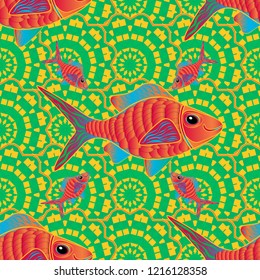 Seamless pattern with fish. Decorative ornament with fishes in yellow, orange and green colors. Vector illustration. Abstract vector color image of repeating and alternating constituent elements.