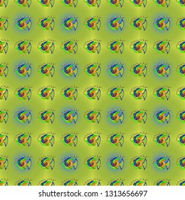 Seamless pattern with fish. Decorative ornament with fishes in green, yellow and blue colors. Abstract vector color image of repeating and alternating constituent elements. Vector illustration.
