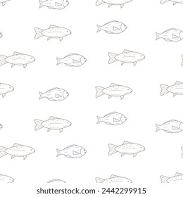 Seamless pattern with fish doodle style. Vector illustration dorado carp, background.