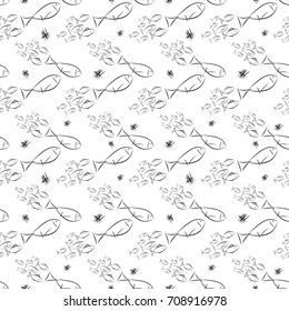Seamless pattern with fish in doodle style. White background. Vector illustration