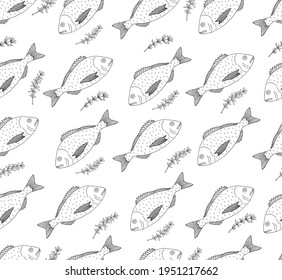 Seamless pattern, fish Dorado with greenery, hand drawn. Vector illustration.