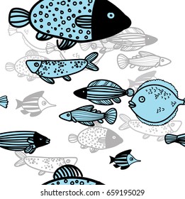 Seamless pattern with fish, drawing by hand. Lovely sea pattern. Children's drawing. Scandinavian style. Beautiful sea fish.