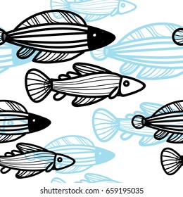 Seamless pattern with fish, drawing by hand. Lovely sea pattern. Children's drawing. Scandinavian style. Beautiful sea fish.