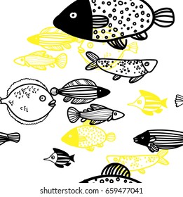 Seamless pattern with fish, drawing by hand. Lovely sea pattern. Children's drawing. Scandinavian style. Beautiful sea fish.
