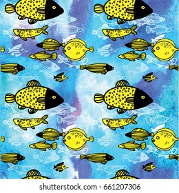 Seamless pattern with fish, drawing by hand. Lovely sea pattern. Children's drawing. Scandinavian style. Beautiful sea fish.