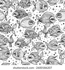 Seamless pattern with fish. Fantasy fish in doodle style.