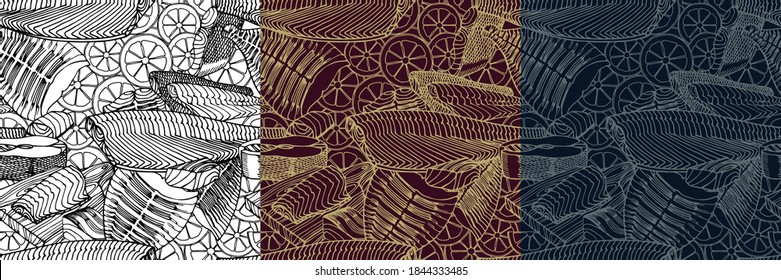 Seamless pattern. Fish fillets of cod, salmon, flounder. Delicious seafood. Restaurant menu decoration. Color vector illustration on white, purple & blue background in a doodle & hand drawn style.