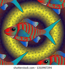 Seamless pattern with fish. Fishes in green, blue and brown colors. Vector illustration. Cute fish. Kids background.