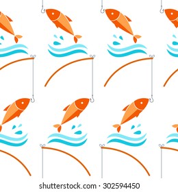 Seamless pattern with fish and fishing rod icons