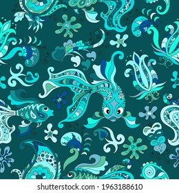 seamless pattern with fish, flowers, cucumbers and decorative elements on a dark turquoise background